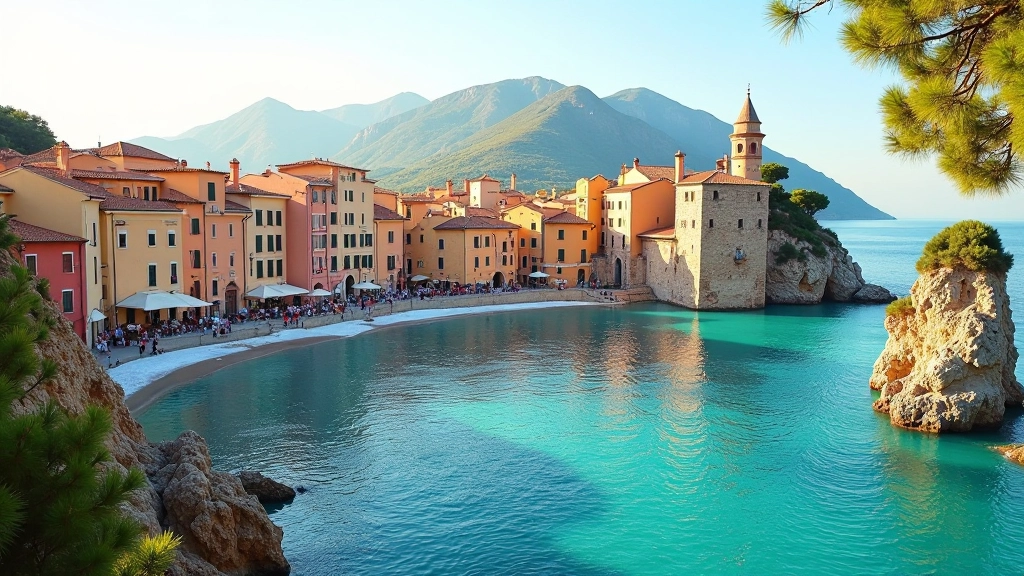 Paesaggio italiano con colori naturali del Mediterraneo, architettura tradizionale e tonalità di terra e mare