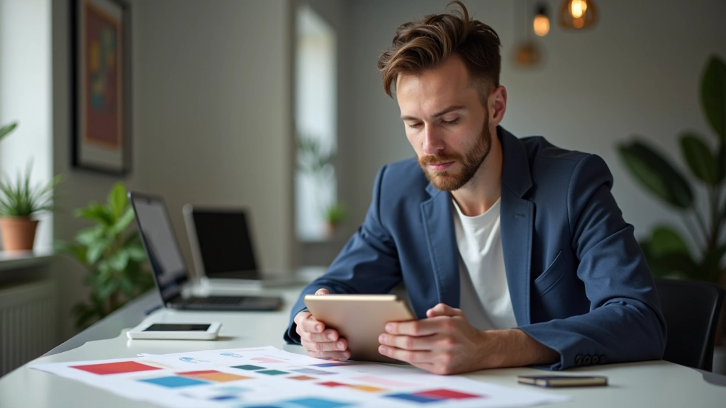 Designer che lavora su tablet con schemi colore visualizzati, ambiente di lavoro moderno