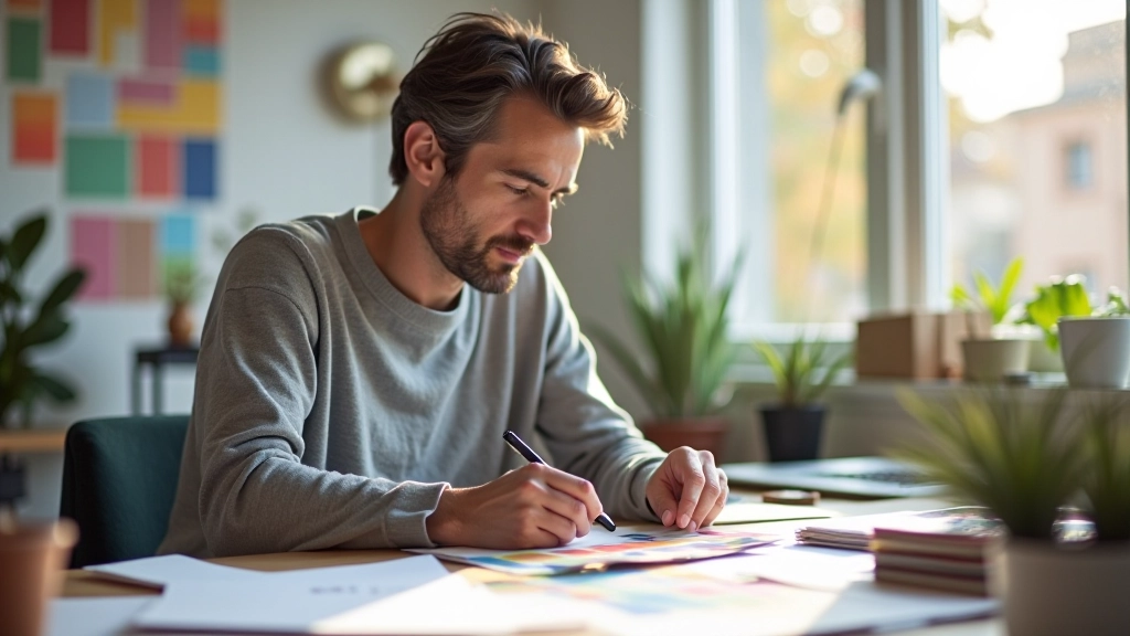 Designer che studia palette colori su monitor grande, campioni colore cartacei sparsi sulla scrivania, studio di design ben illuminato