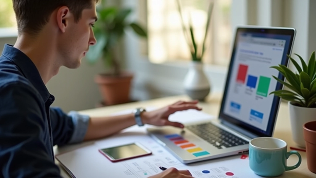 Designer che lavora al computer con palette di colori visibile sullo schermo