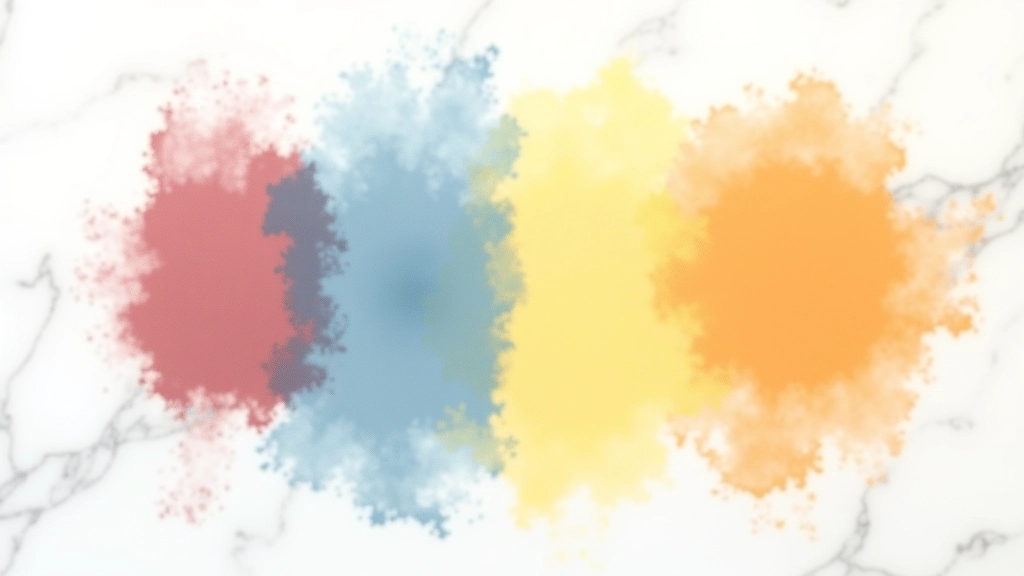 Tre campioni colore distinti - rosso vivace, blu profondo, giallo caldo - disposti su superficie di marmo bianco con ombra morbida