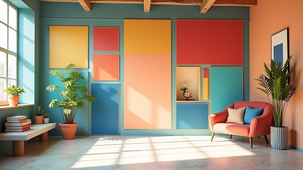Tavolozza di colori mediterranei con sfumature di blu, rosso e oro in un ambiente di design moderno